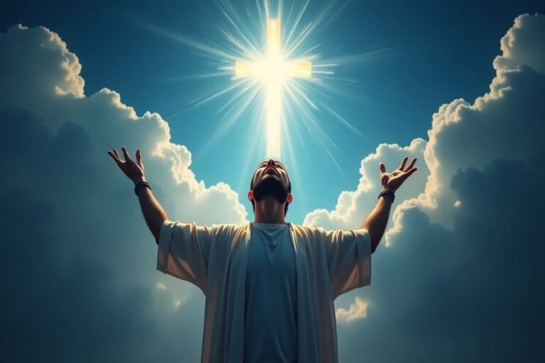 Imagem inspiradora de libertação espiritual: homem com os braços erguidos sendo liberto de correntes, luz celestial ao fundo, simbolizando a promessa de João 8:36 — “Se o Filho vos libertar, verdadeiramente sereis livres