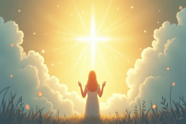 Ilustração de uma pessoa orando com luz divina e cruz ao fundo, representando a cura prometida em Isaías 53:5.