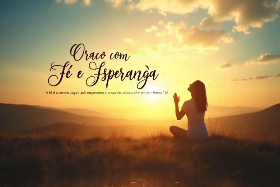 Pessoa ajoelhada em oração ao nascer do sol, com luz dourada simbolizando fé e esperança, e o versículo de Hebreus 11:1 escrito sobre a imagem.