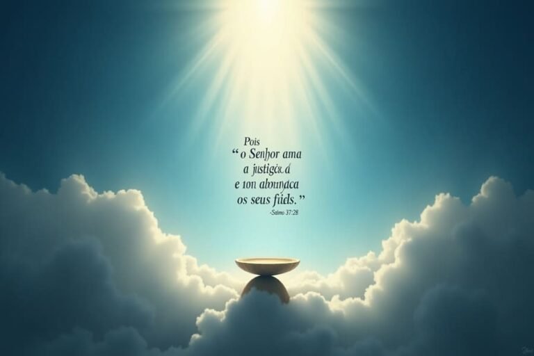 Imagem de uma balança dourada iluminada pela luz do céu sobre uma Bíblia aberta, com o versículo Salmo 37:28: “Pois o Senhor ama a justiça e não abandona os seus fiéis.” Representação da justiça divina, fé e esperança cristã.