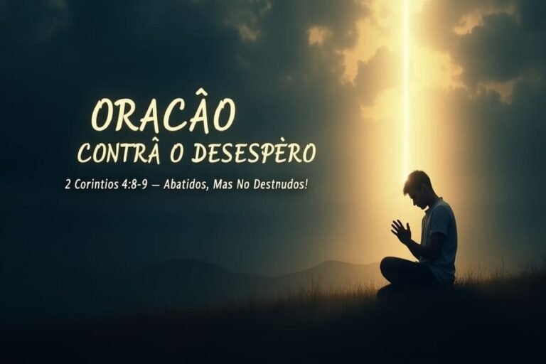 Pessoa ajoelhada em oração sob um feixe de luz celestial em meio à escuridão, representando fé e esperança em tempos de desespero – inspirado em 2 Coríntios 4:8-9.