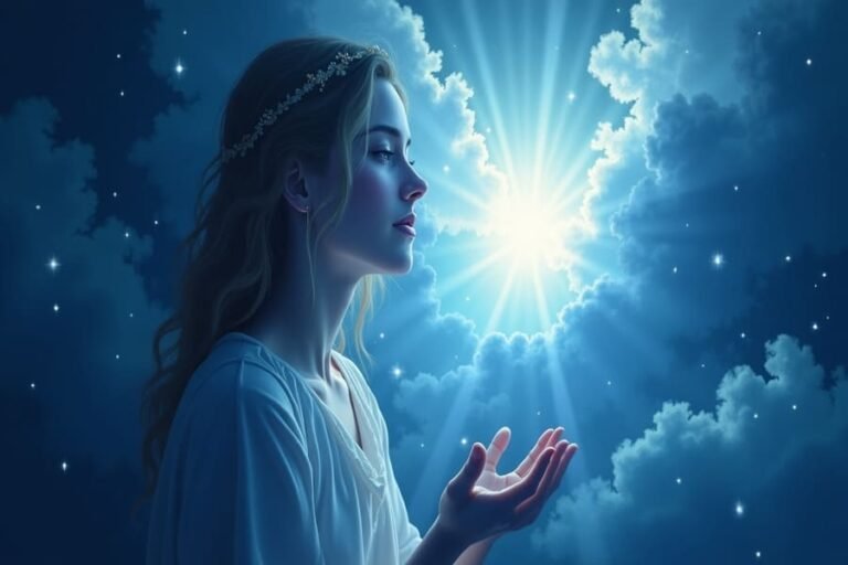 Pessoa ajoelhada em oração de arrependimento com luz divina e citação de 1 João 1:9