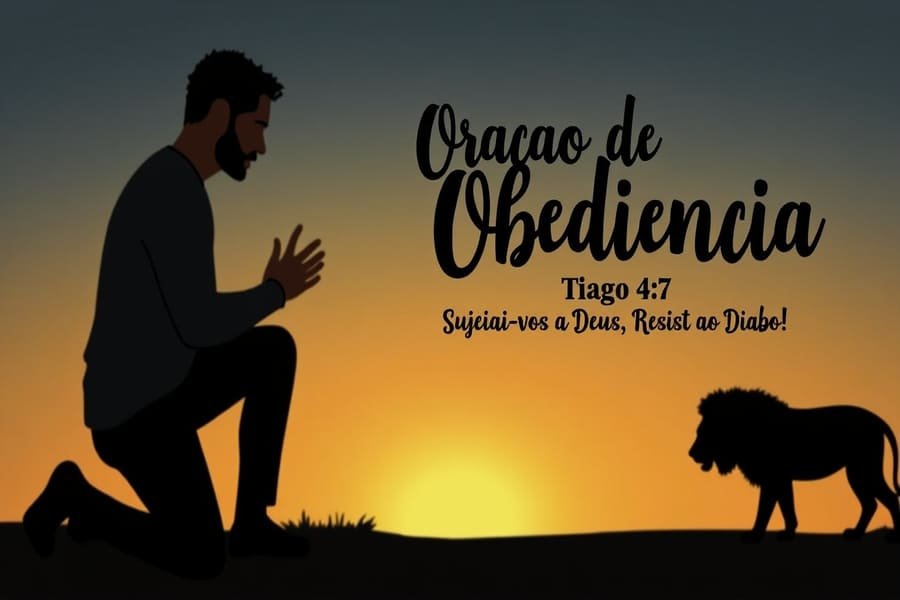 Pessoa ajoelhada em oração sob luz divina, com o versículo Tiago 4:7: Sujeitai-vos a Deus, resisti ao diabo.