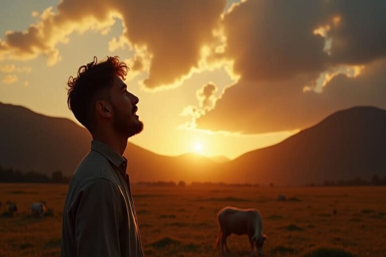 Homem ajoelhado clamando a Deus ao nascer do sol com versículo bíblico Salmo 18:6 — Clamei ao Senhor e Ele me ouviu.