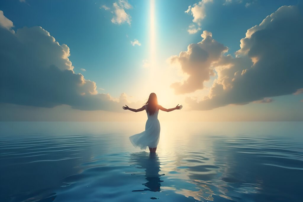 Pessoa orando em meio às águas, com luz divina representando Isaías 43:2