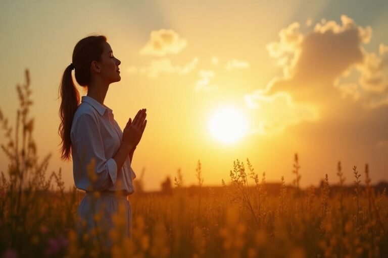 Mulher ajoelhada orando em um campo ao nascer do sol, simbolizando fé, gratidão e entrega a Deus conforme 1 Tessalonicenses 5:18.