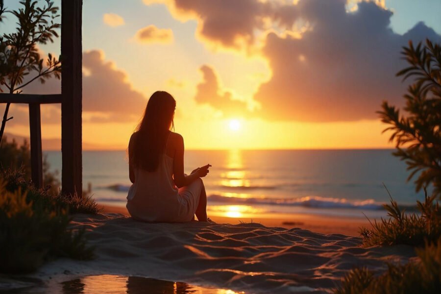 Cristão orando ao nascer do sol em local tranquilo, com a Bíblia aberta ao lado, representando fé e devoção matinal baseada no Salmo 5:3