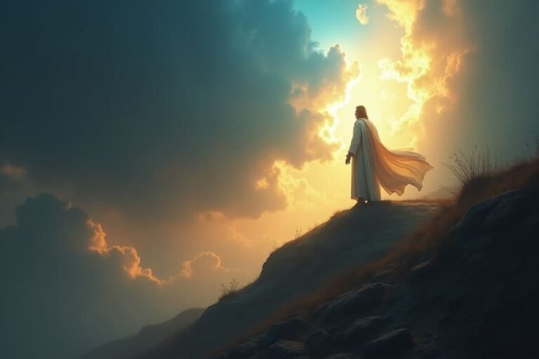 Imagem de um guerreiro cristão ajoelhado em oração, com luz divina do céu e inimigos caindo ao fundo, representando a vitória espiritual descrita em Salmo 44:5.
