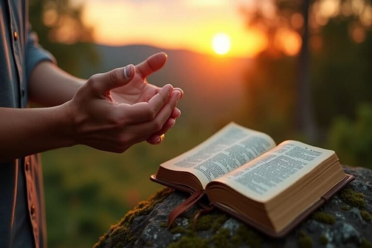 Pessoa agradecendo a Deus com as mãos erguidas ao entardecer, Salmo 100:4