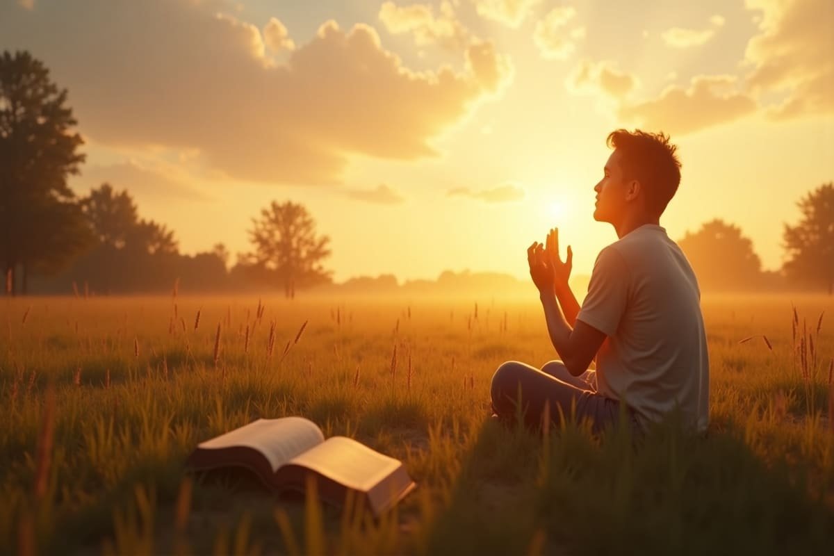 Jovem orando ao nascer do sol com a Bíblia aberta em Jeremias 1:5, simbolizando propósito e chamado de Deus.