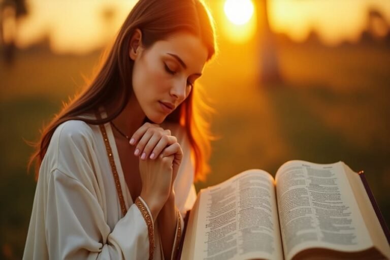 Mulher orando com fé ao amanhecer com Bíblia aberta em Gálatas 6:9, representando a perseverança em Deus.
