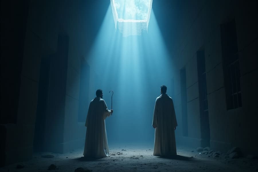 Ilustração de Paulo e Silas sendo libertos por Deus na prisão, com correntes quebradas e luz divina — Atos 16:26