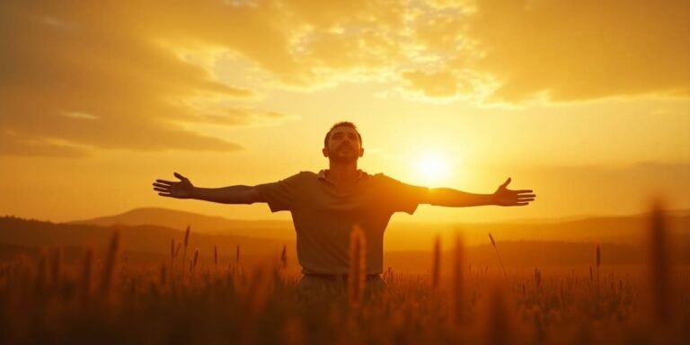 Homem ajoelhado em um campo ao pôr do sol, com os braços abertos em sinal de rendição a Deus, enquanto a luz dourada do sol atravessa as nuvens ao fundo. A imagem transmite fé, entrega espiritual e conexão com o céu, simbolizando a oração ‘Seja feita a Tua vontade