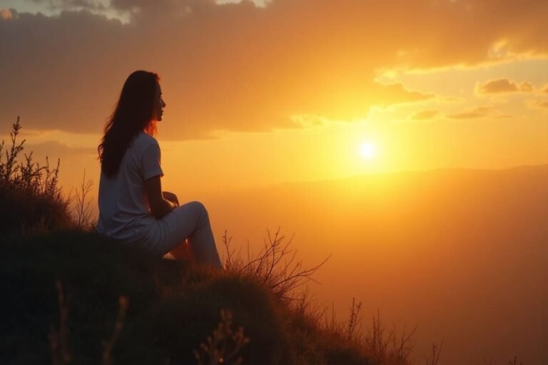 Pessoa ajoelhada em oração no alto de uma montanha ao pôr do sol, com luz suave iluminando o céu, simbolizando a misericórdia de Deus conforme Salmo 86:5.