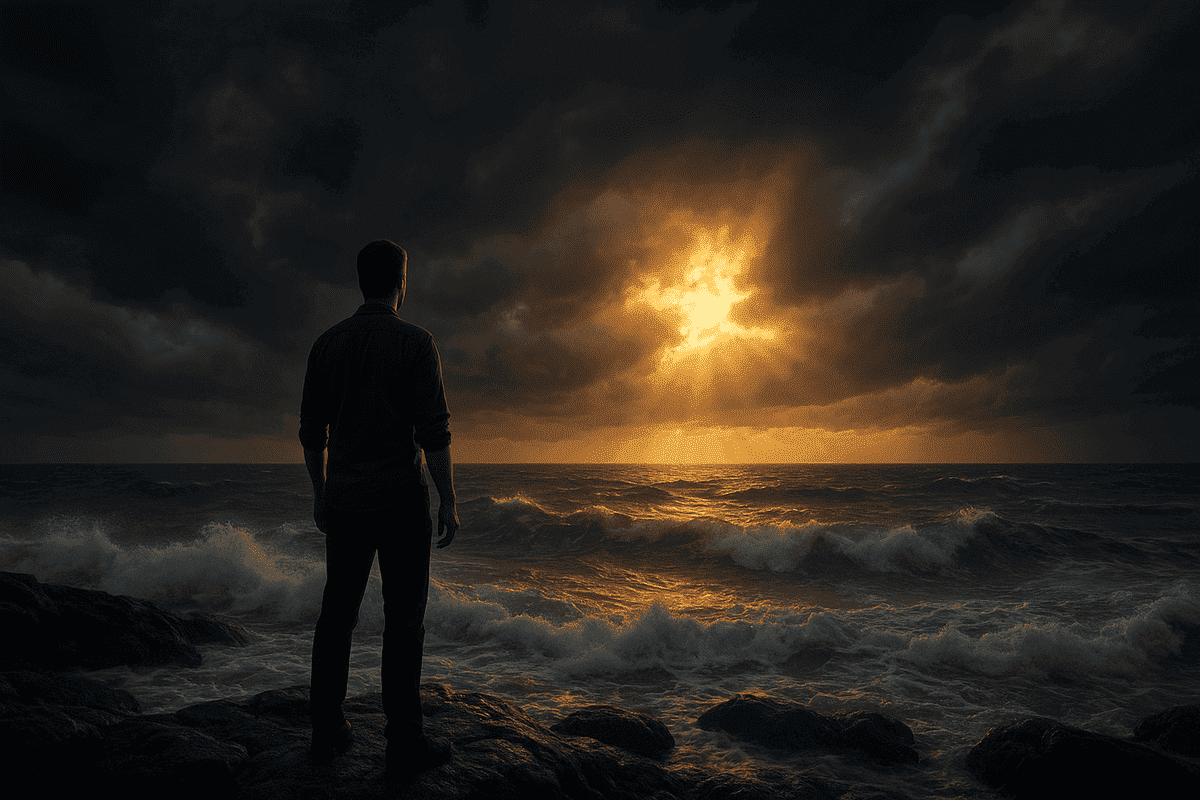 Homem de pé sobre rocha à beira-mar, olhando para o horizonte enquanto nuvens escuras e ondas agitadas se acalmam, com um raio de luz dourada atravessando o céu, simbolizando paz e fé em Deus