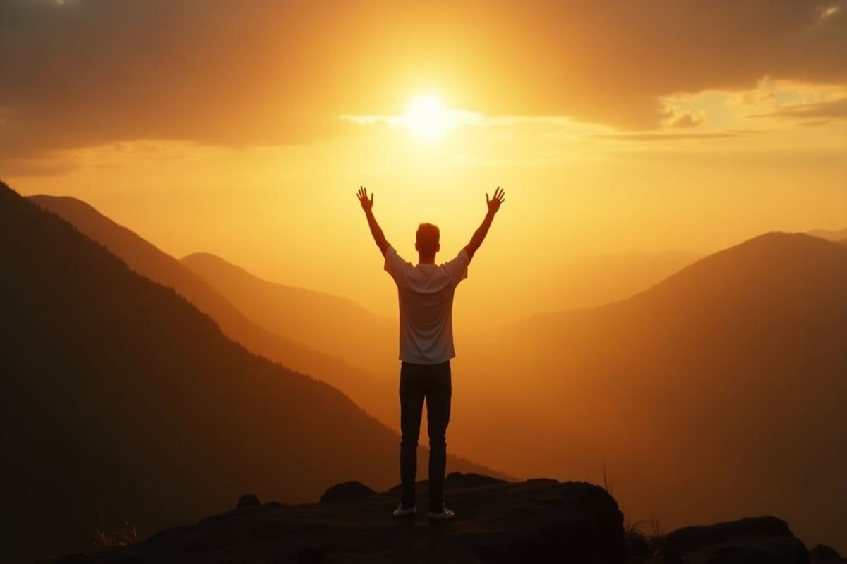 Homem em oração ao amanhecer, em frente a uma paisagem de montanhas e rio sob o nascer do sol dourado, com o versículo “Salmo 143:8 — Faze-me ouvir teu amor pela manhã” sobreposto na imagem