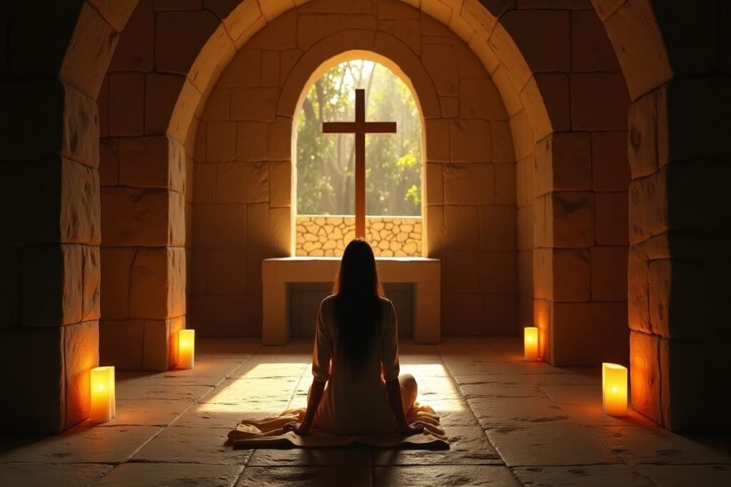 Pessoa contemplando o nascer do sol diante de uma cruz ao longe, simbolizando oração por novas oportunidades e recomeço com Deus.