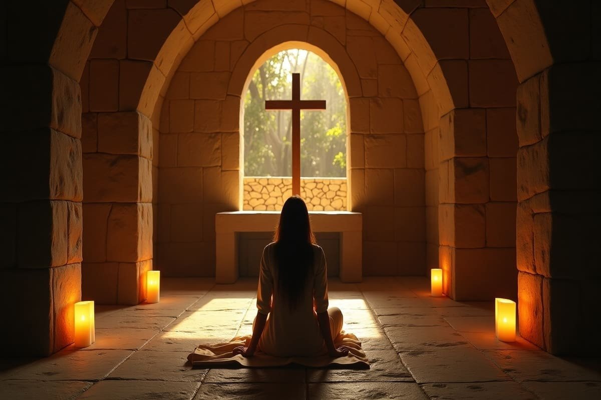 Pessoa contemplando o nascer do sol diante de uma cruz ao longe, simbolizando oração por novas oportunidades e recomeço com Deus.