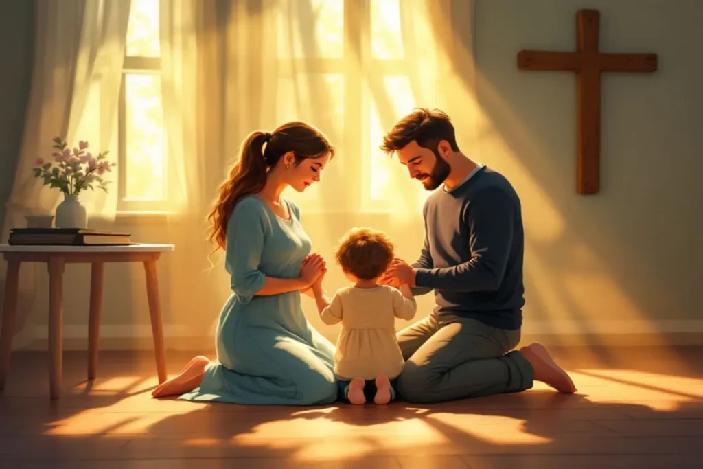 Família cristã (pai, mãe e filhos) orando juntos em casa, cercados por uma luz divina que simboliza a proteção e presença de Deus, com um crucifixo e uma Bíblia ao fundo.