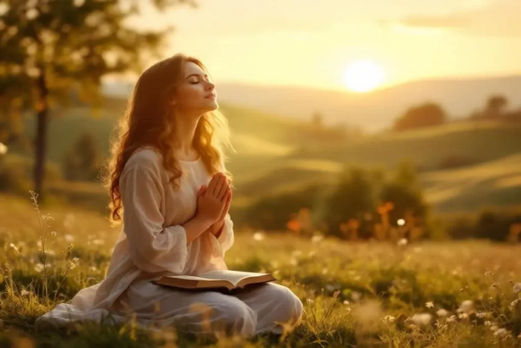 Pessoa em oração ao pôr do sol, mãos postas em atitude de fé, cercada por luz dourada e paisagem serena, simbolizando paz, proteção divina e esperança contra a violência e o ódio.
